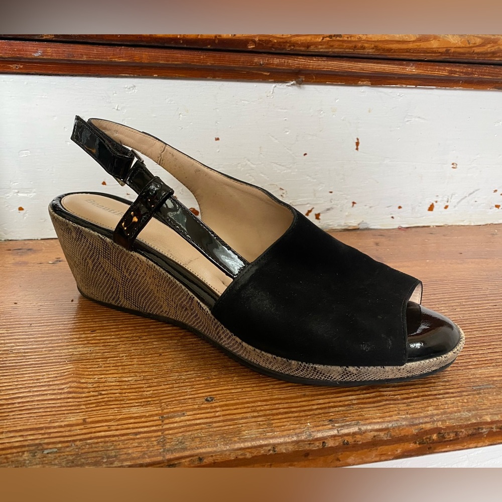 BeautiFeel DAISY Wedge Heel Womens Size 41 US 10.5, Black Leather w/ Snake Print